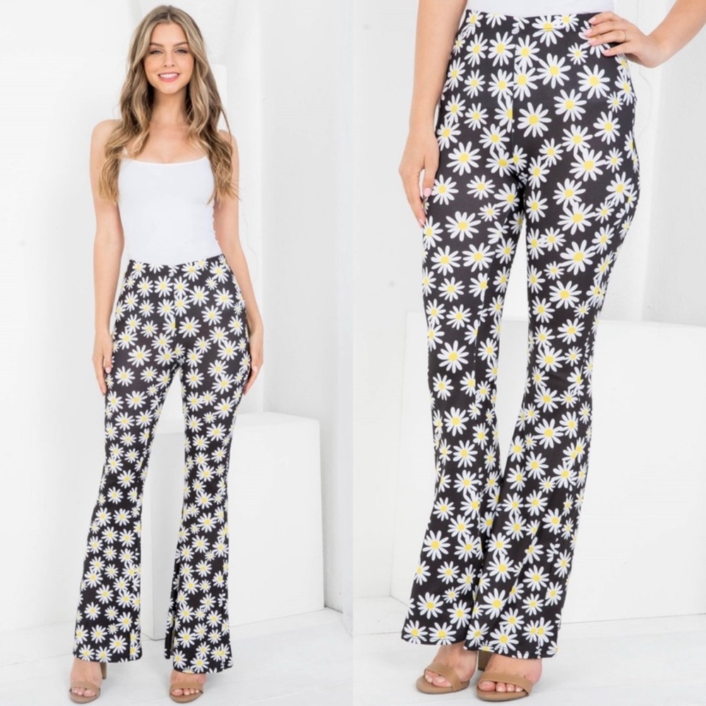 Floral Black and White Women's Bell Bottom Pants - Picture 4 of 8